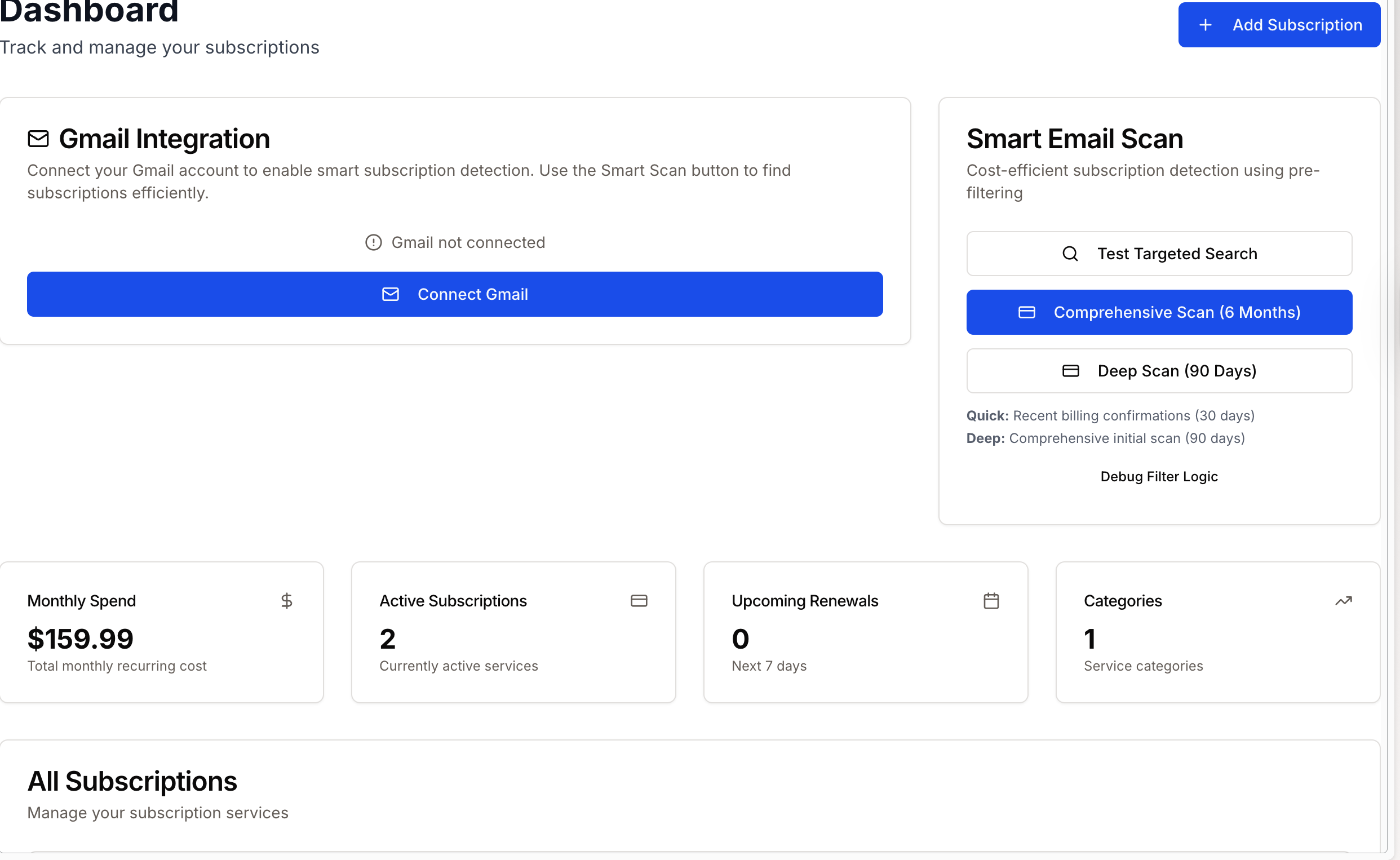 Screenshot of Subscription Tracker project